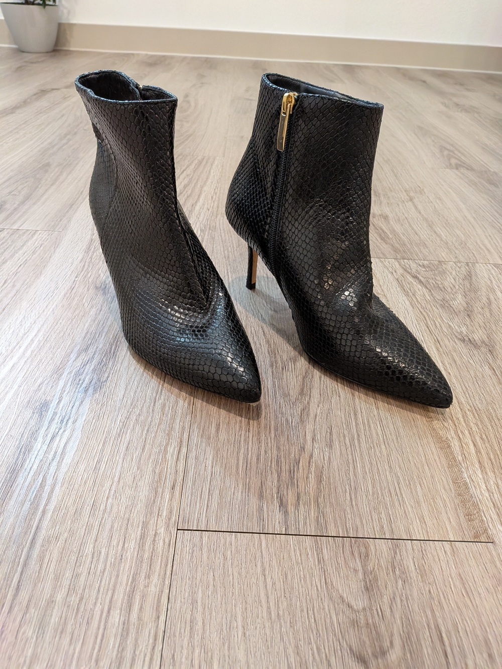 L'AGENCE Black Snake-Embossed Pointed Toe Stiletto Ankle Booties